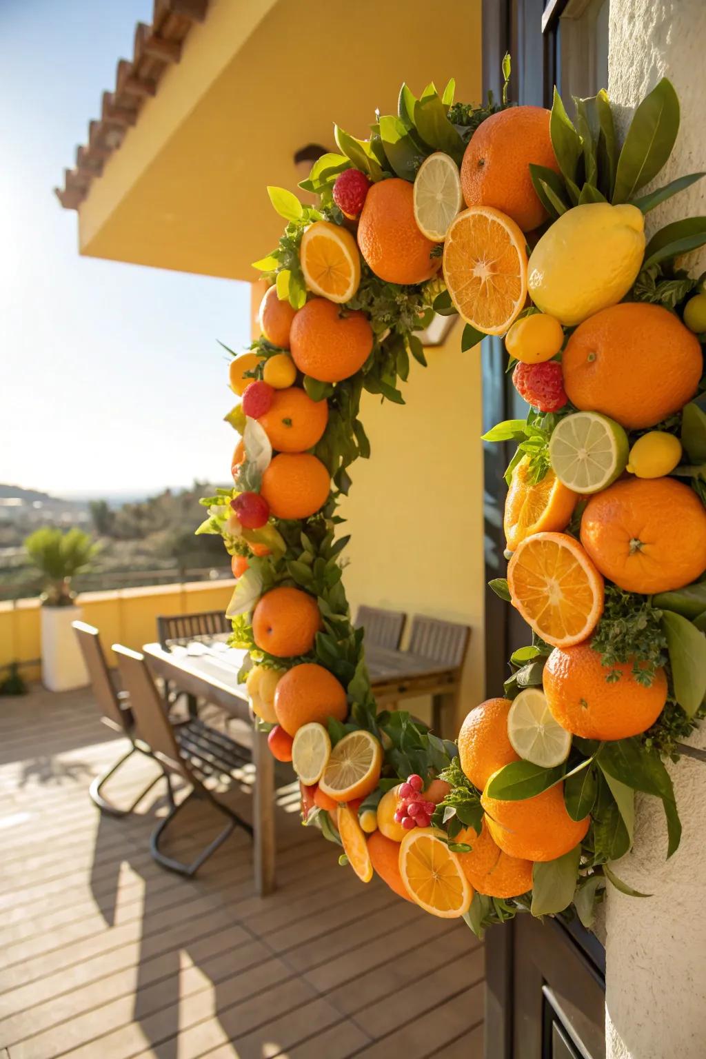 Refreshing citrus wreath with oranges and lemons.