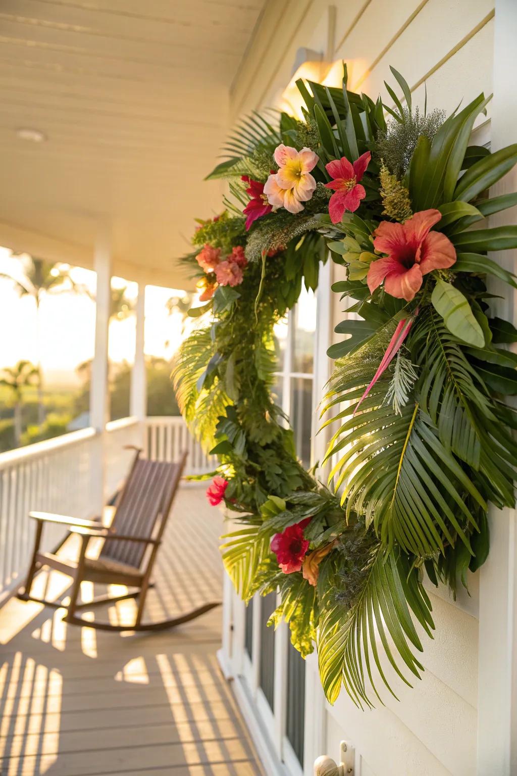 Vibrant tropical wreath with palm leaves and flowers.