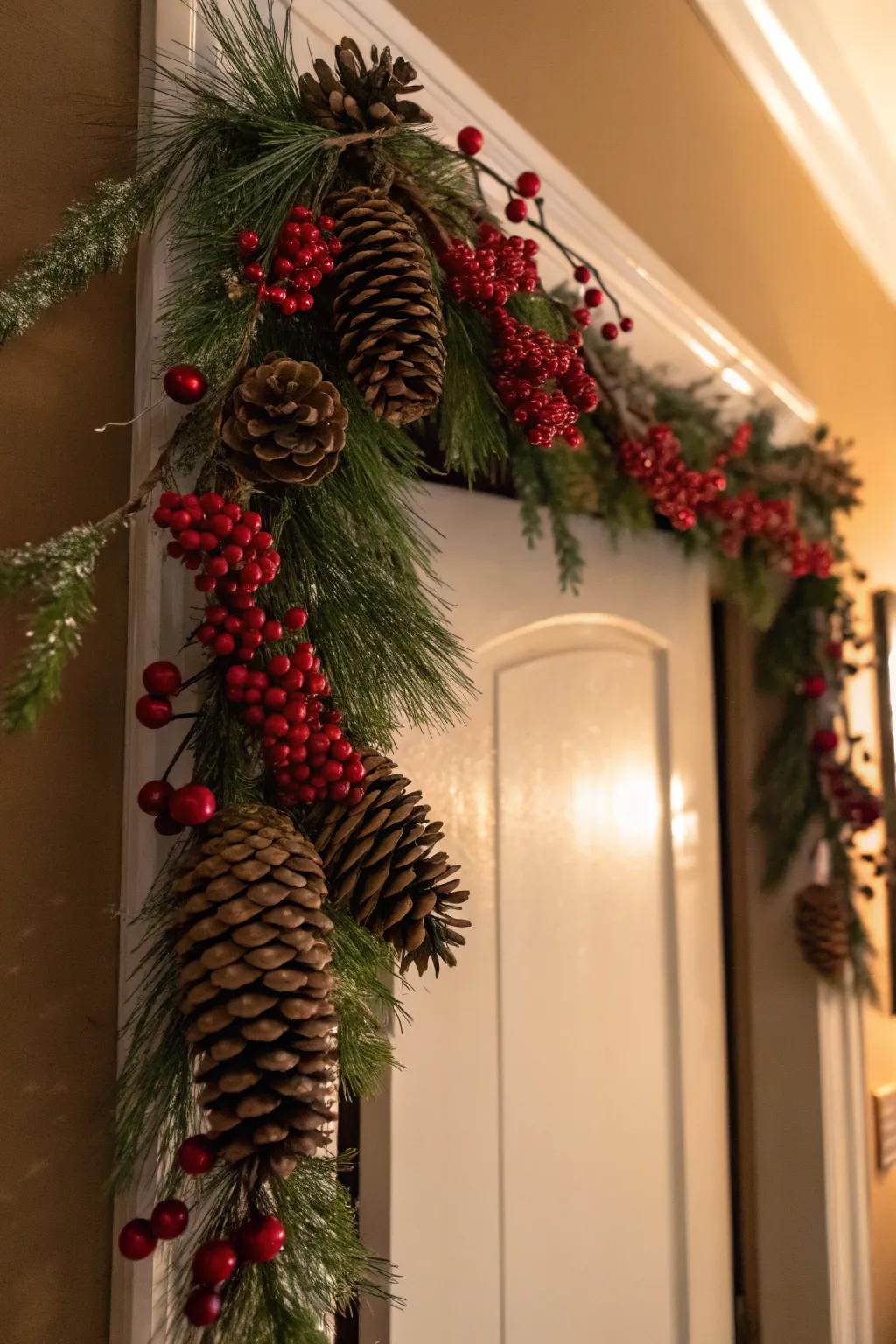 A rustic garland with pinecones and berries.