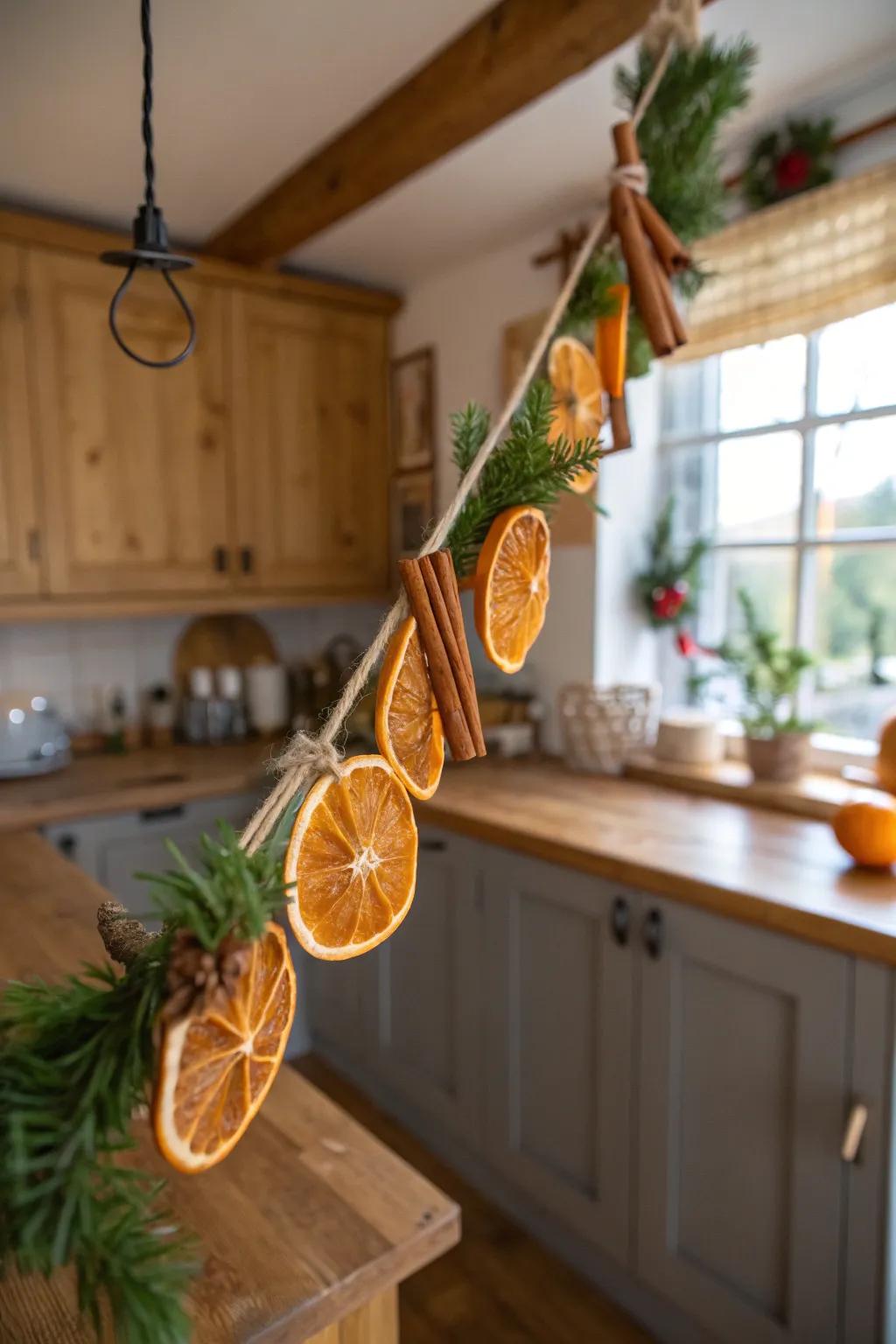 An aromatic garland with dried fruits and spices.