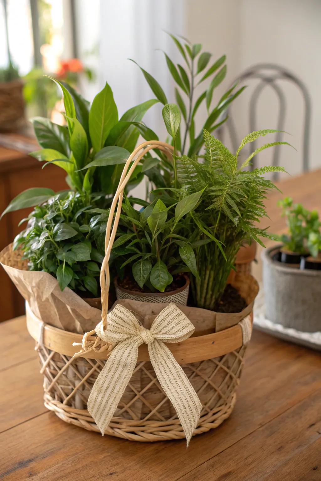 An eco-friendly gift basket wrapped with sustainable materials.