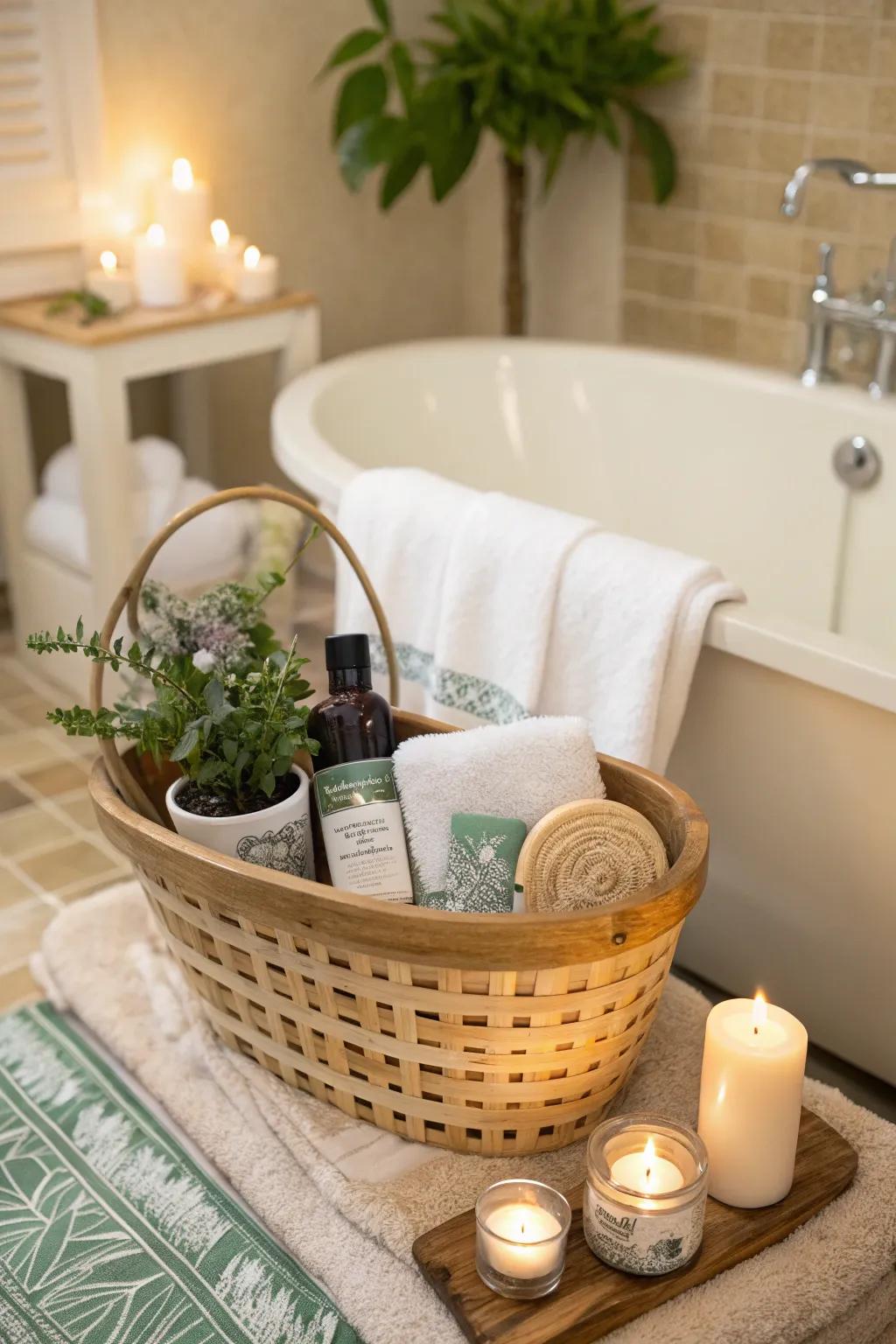 A self-care sanctuary in a basket, blending greenery with relaxation.