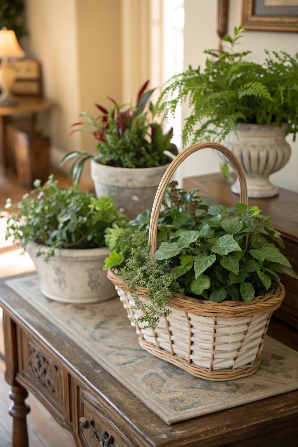 A charming vintage-themed gift basket with classic planters.