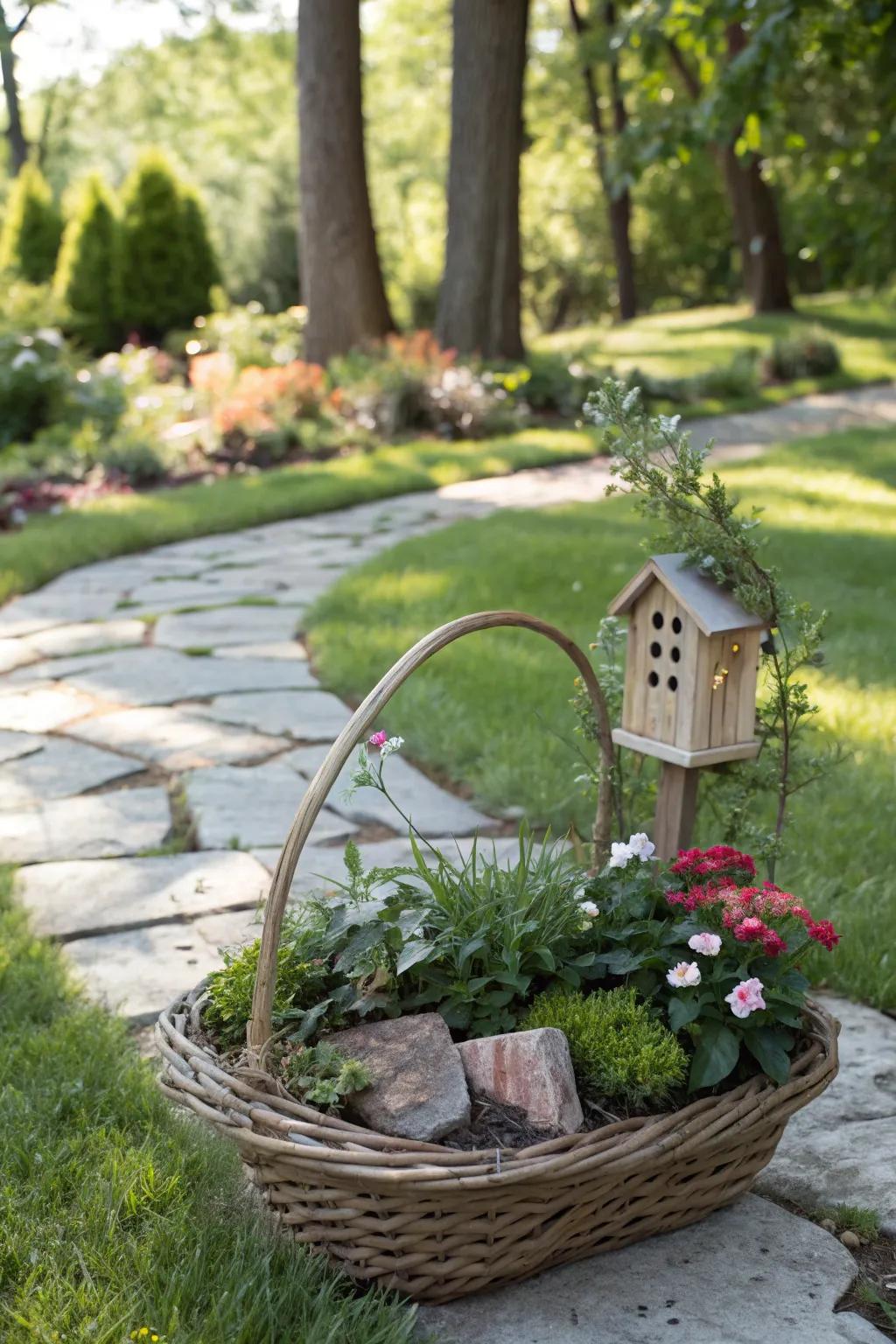 A bird lover's dream, complete with a plant and feeder.