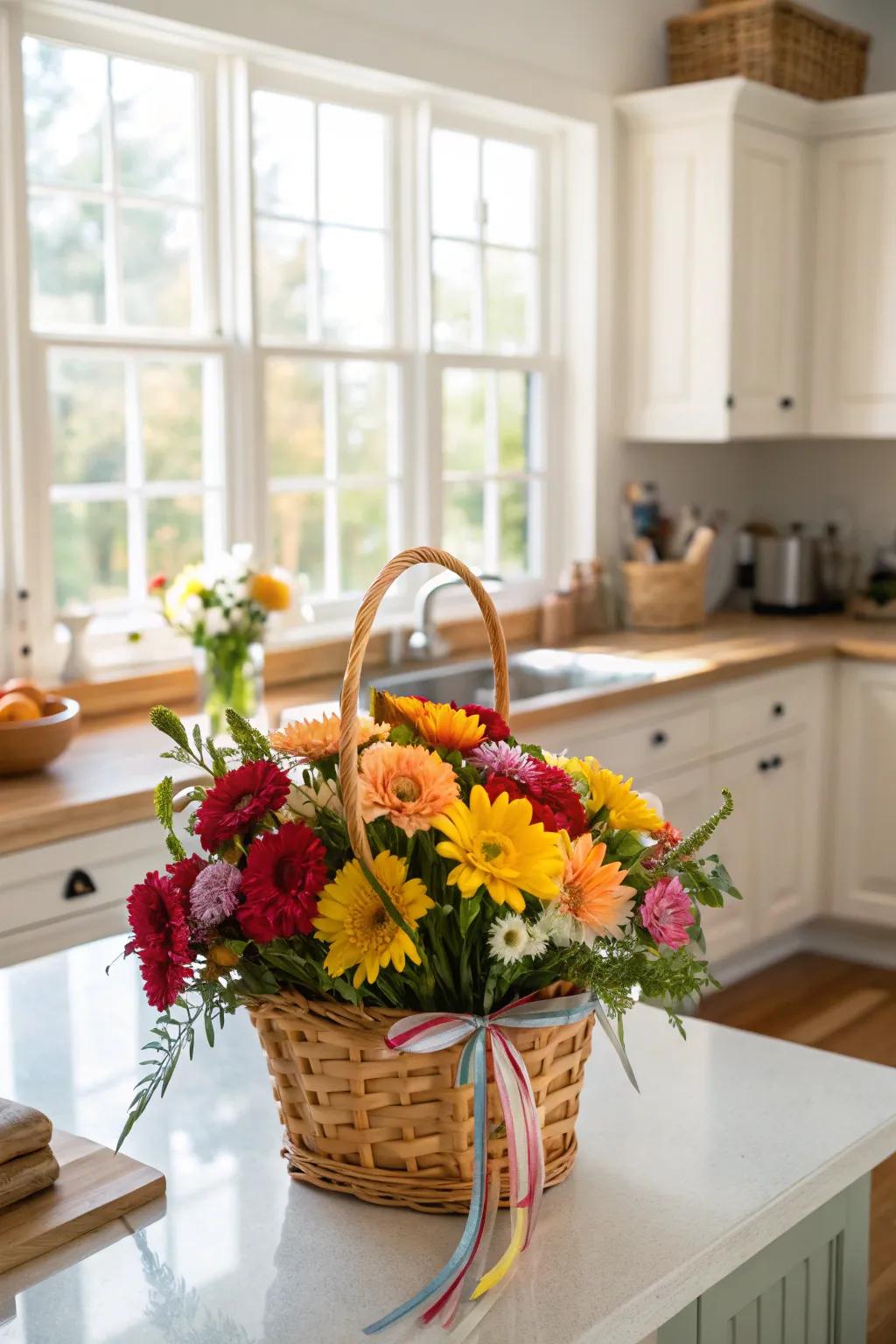 A floral fantasy gift basket bursting with vibrant blooms.
