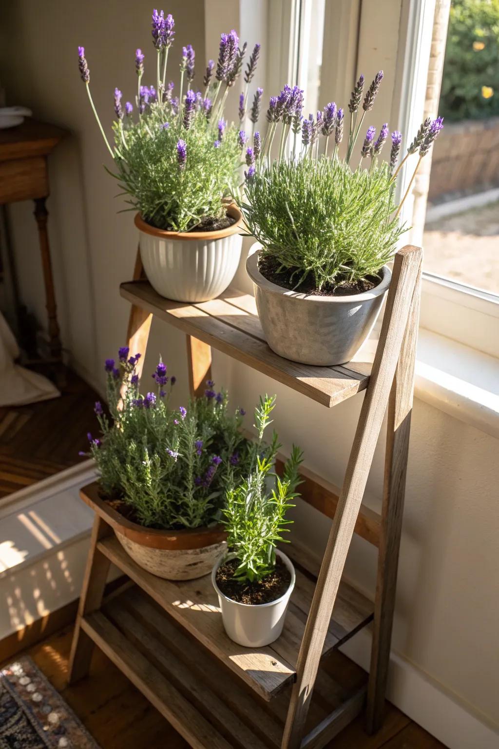 Maximize space with tiered planter stands for lavender.