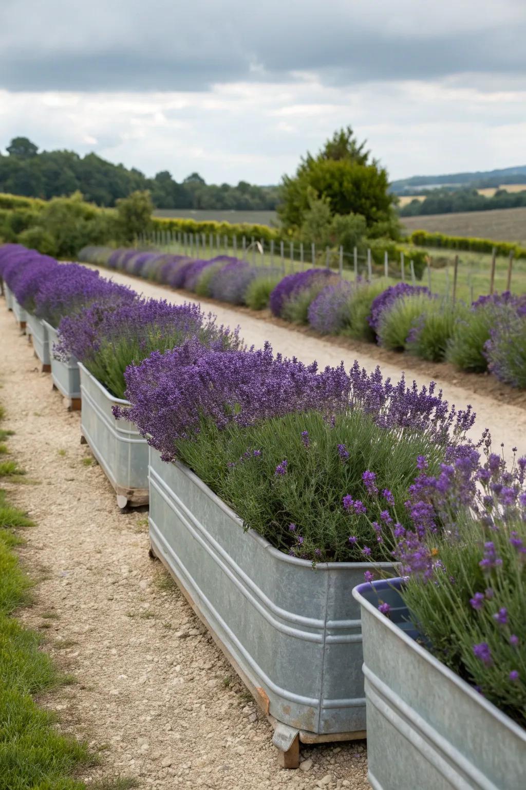 Industrial chic with galvanized trough lavender planters.
