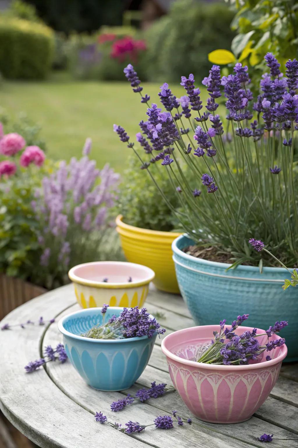 Add playful color with ceramic bowls filled with lavender.