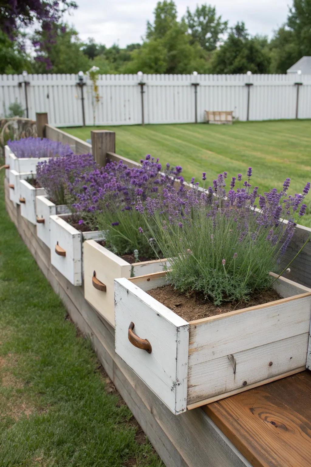 Quirky and charming with lavender in repurposed drawer planters.