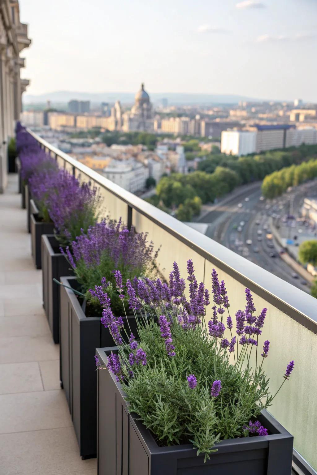 Elegant symmetry with balcony boxes of lavender.