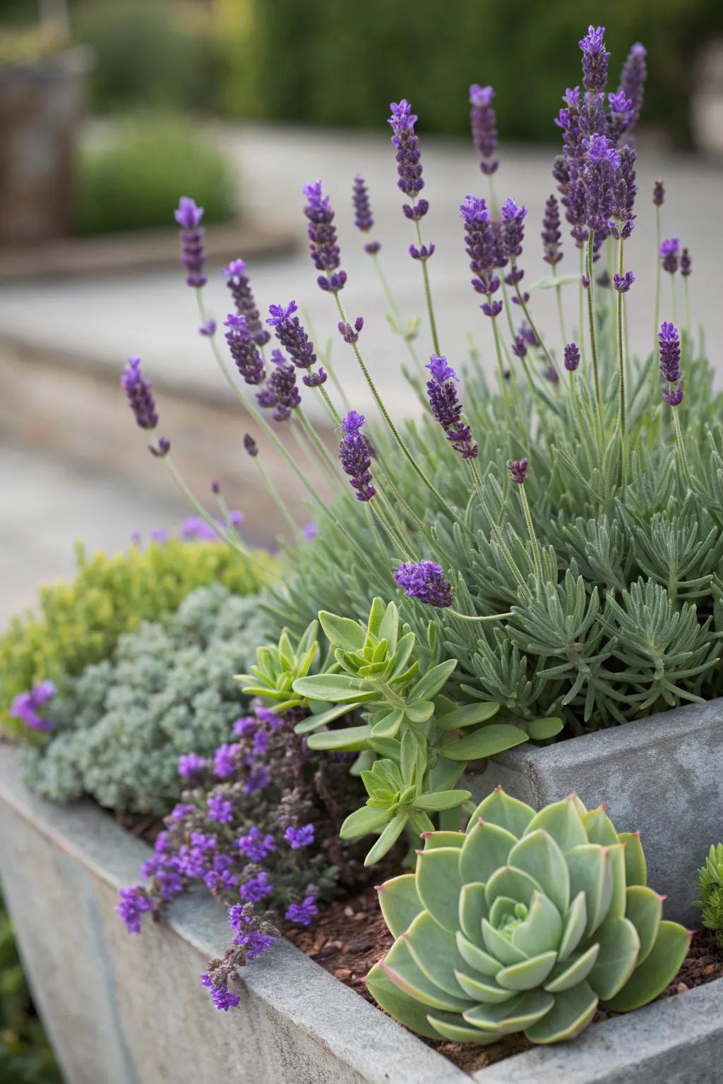 Striking contrast with lavender and succulent duo.