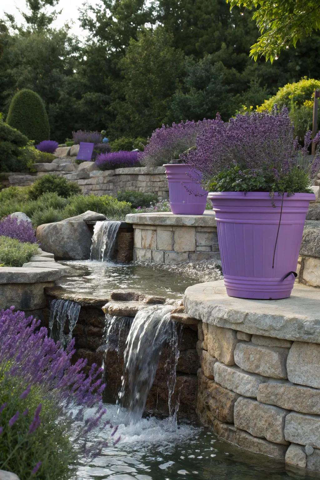 Serenity with cascading water and lavender planters.
