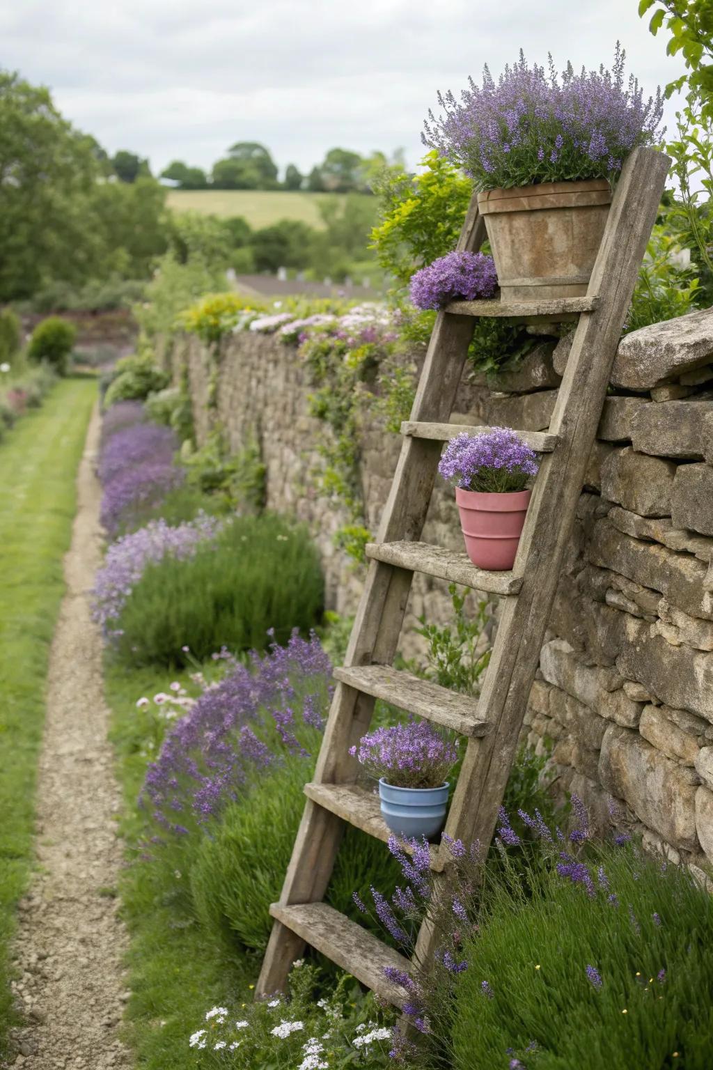 Vertical beauty with a rustic ladder lavender display.