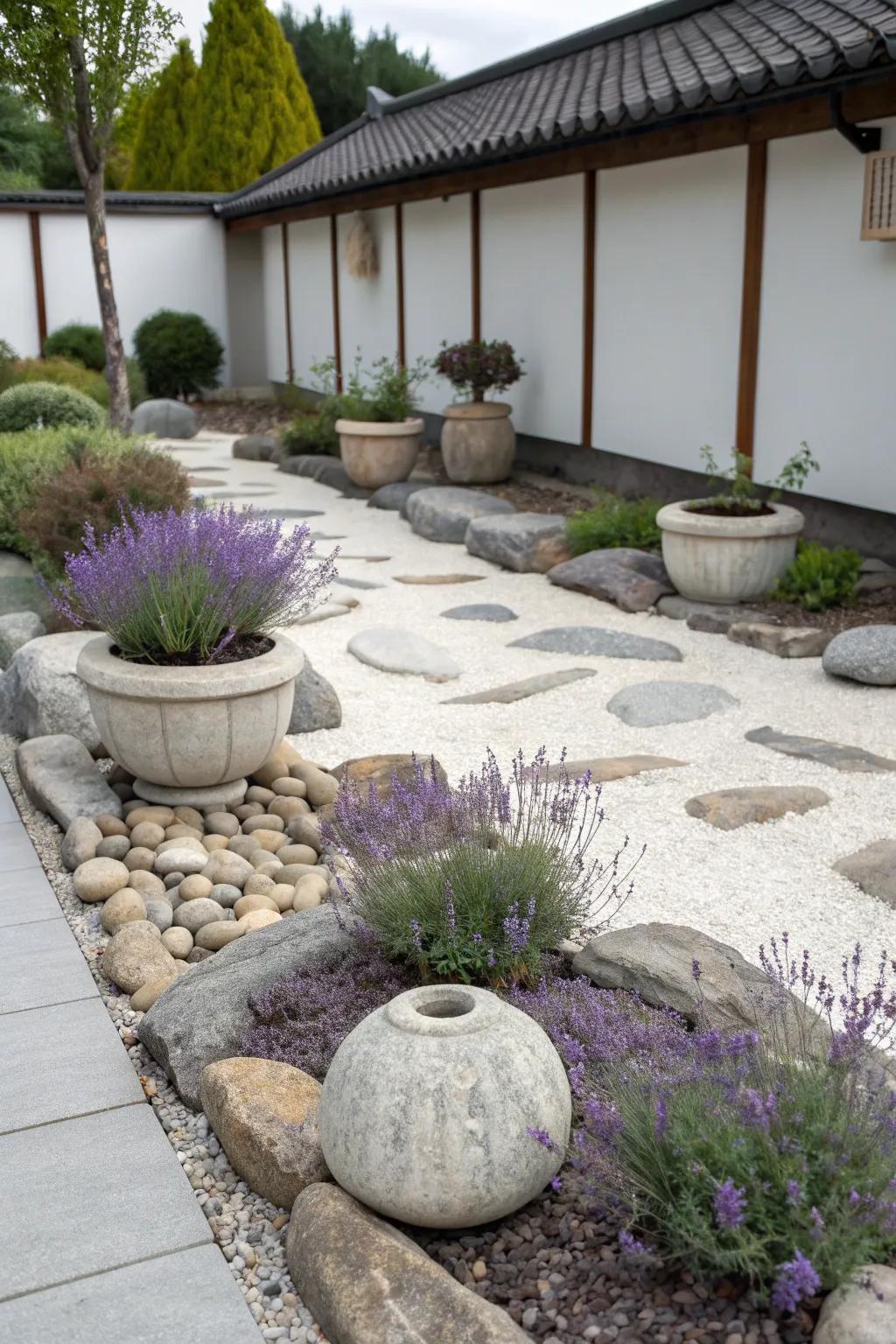 Peaceful meditative space with lavender in a Zen rock garden.
