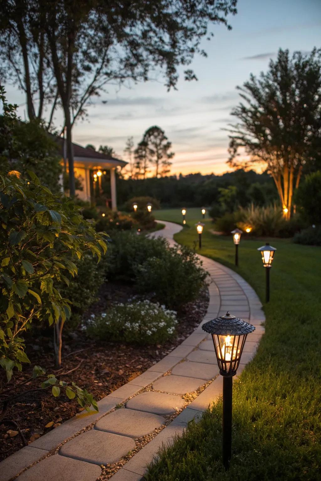 A garden path illuminated by stylish solar-powered path lights.