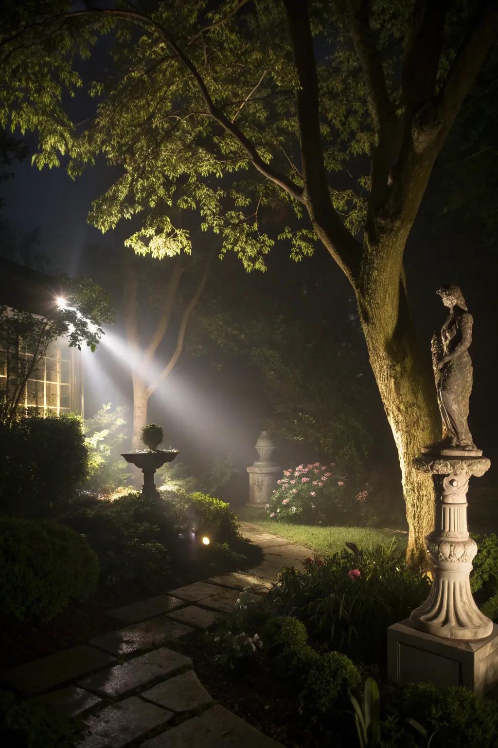 Spotlights highlighting a sculpture and tree, creating dramatic shadows.