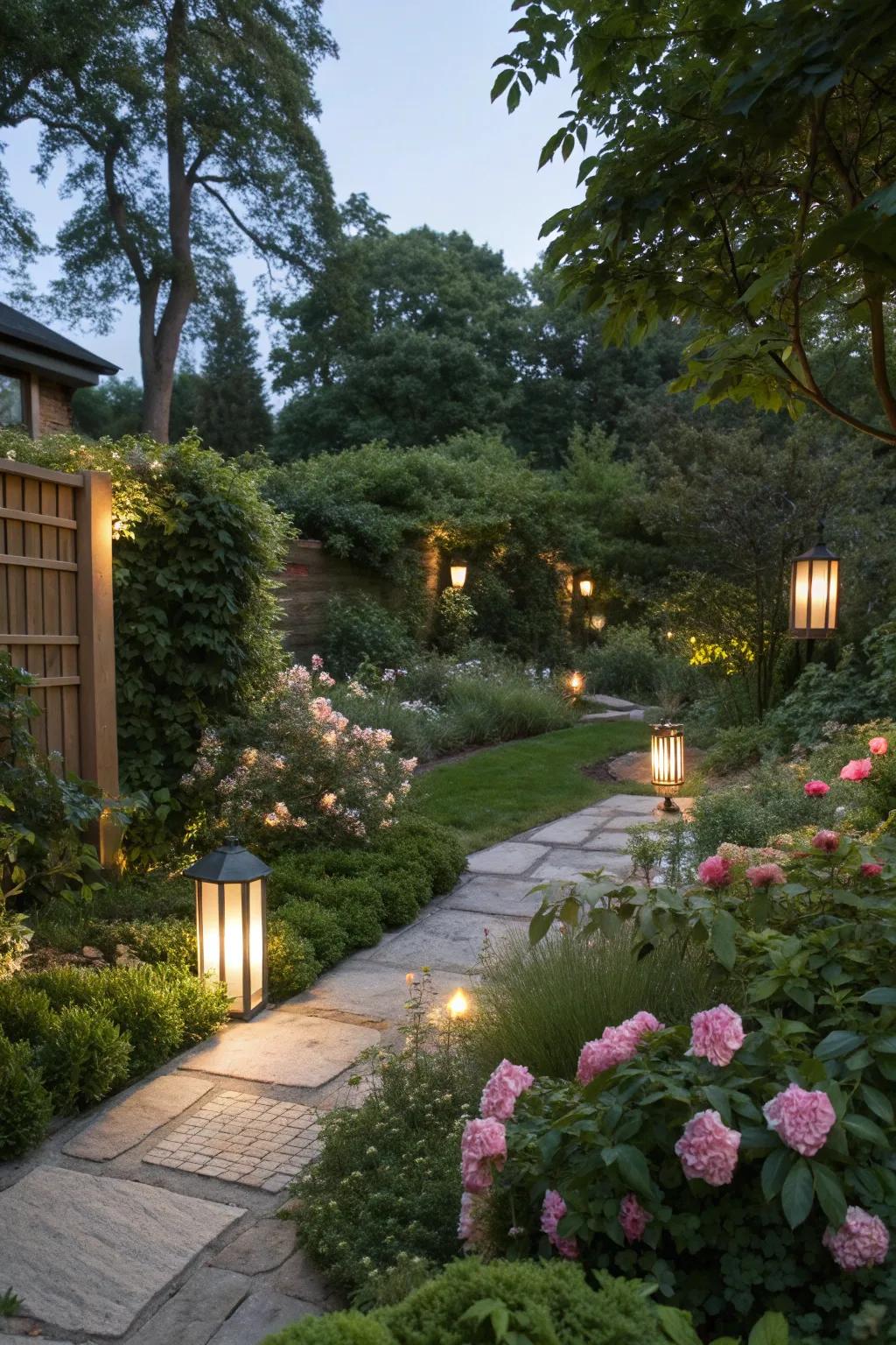 Minimalist lighting fixtures seamlessly integrated into the garden.