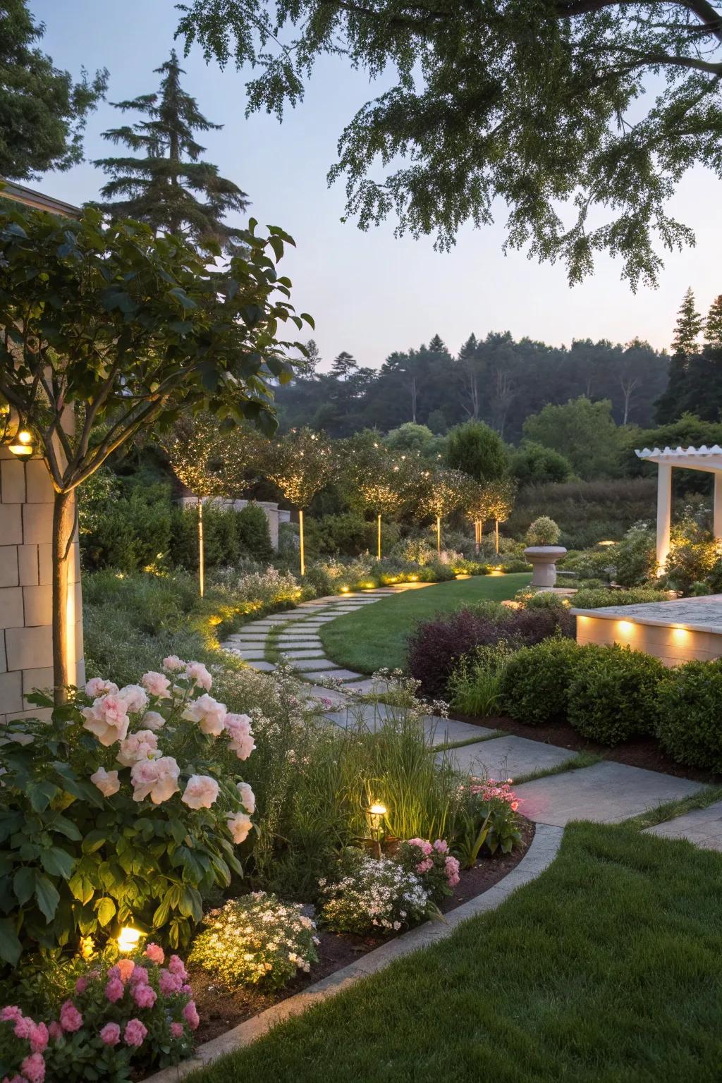 Soft garden lighting highlighting plants and landscape features.