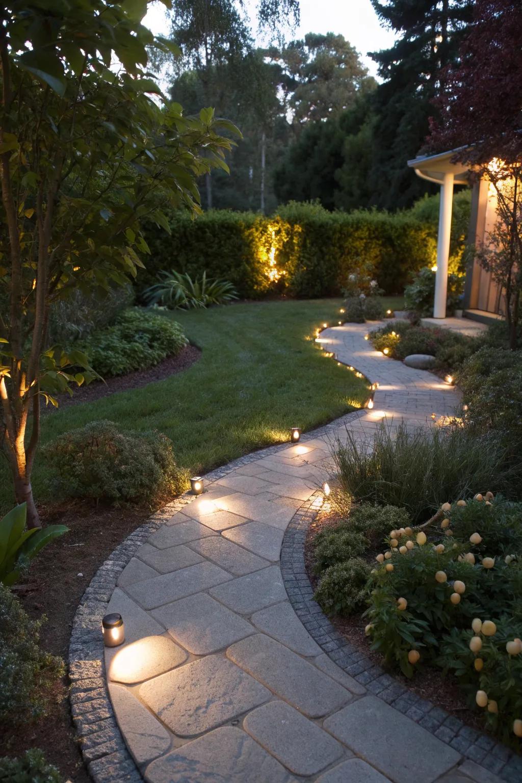 Recessed ground lights along a garden path for a sleek appearance.