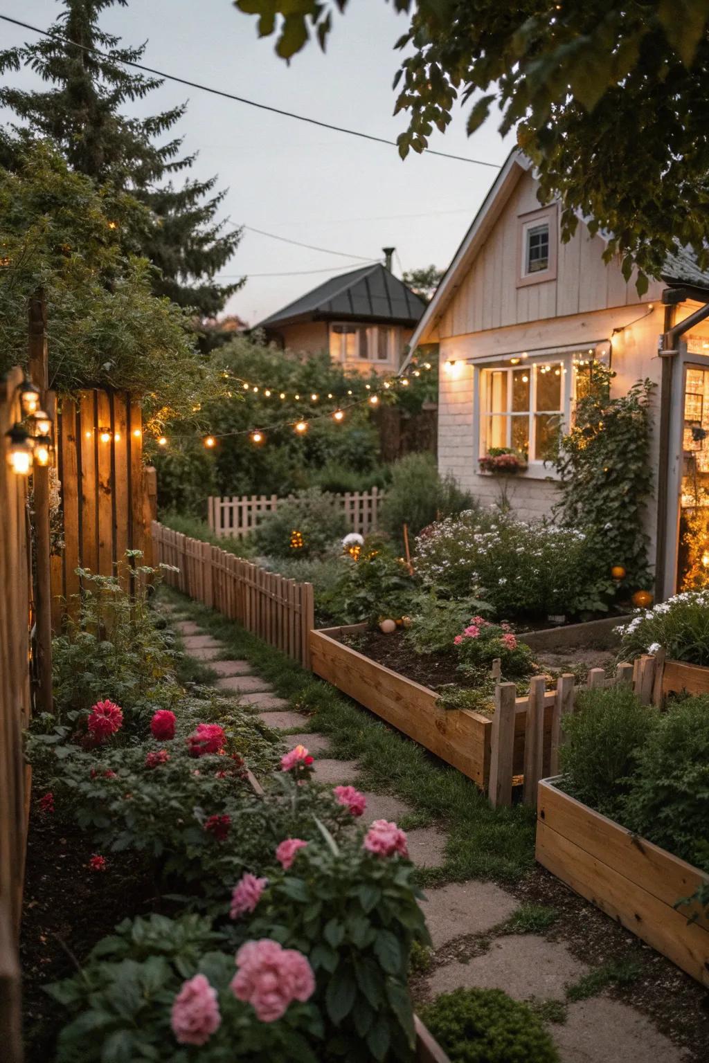 Warm-toned lighting in a backyard creating a cozy ambiance.