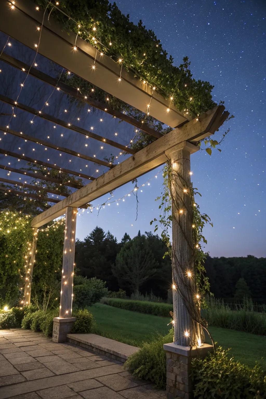 A pergola adorned with tiny star lights for a whimsical effect.