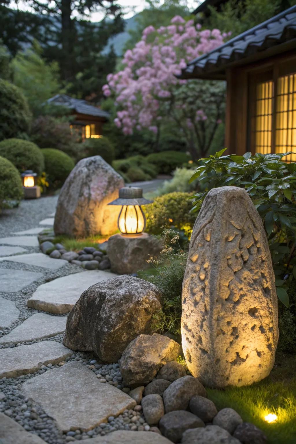 Natural stone features illuminated, highlighting textures and colors.