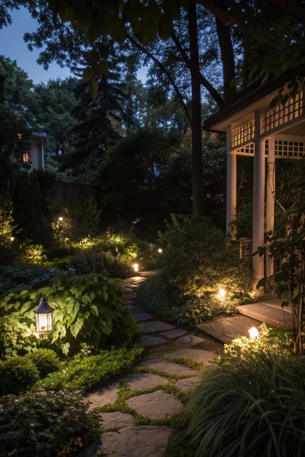 Hidden lights among garden plants creating a playful, secretive glow.