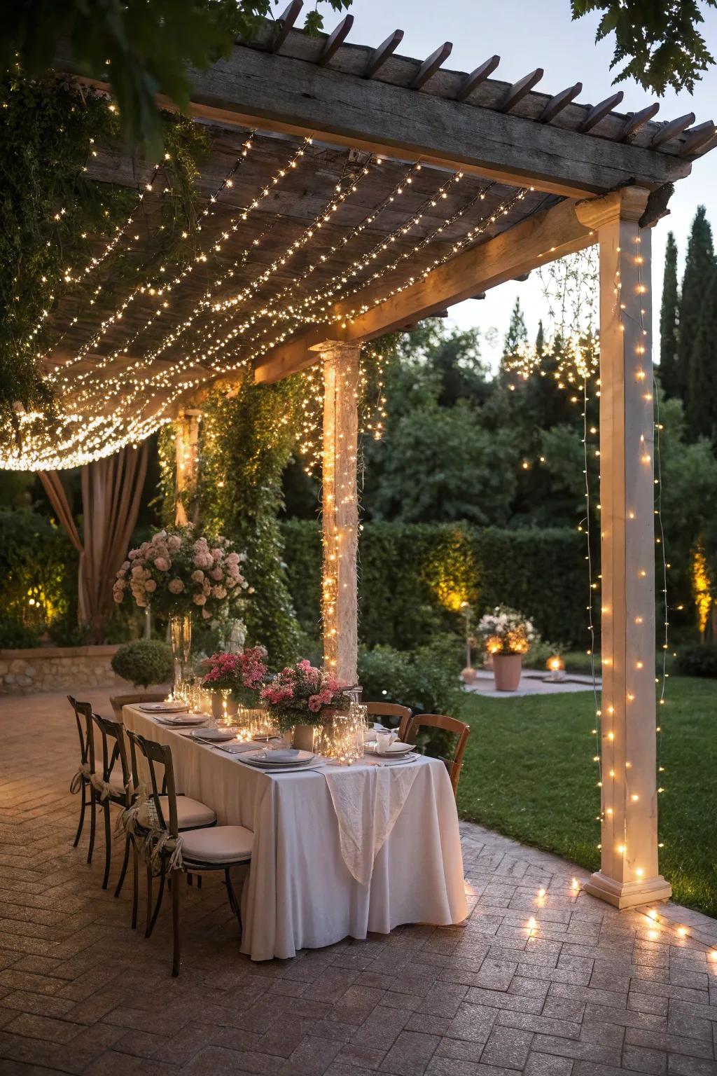 Fairy lights wrapped around a pergola for a magical dining experience.