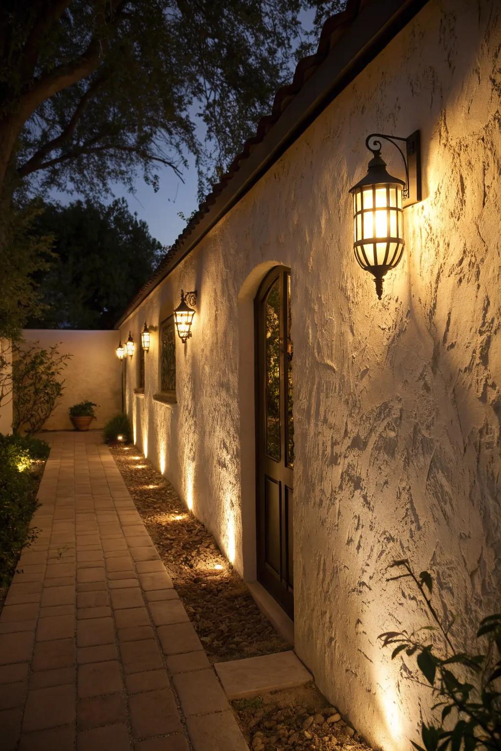 Ambient lighting on outdoor walls creating a warm atmosphere.