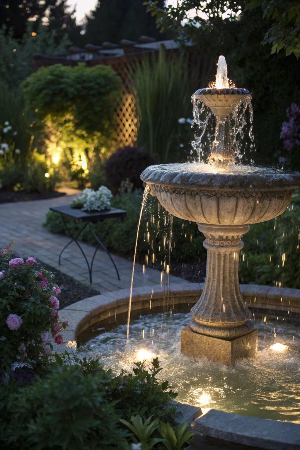 A water feature lit from below, adding a serene focal point in the garden.
