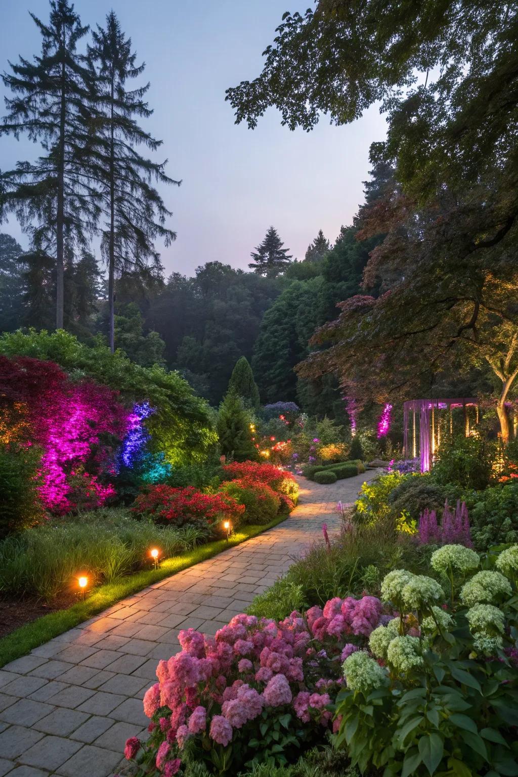 Color-changing lights in a garden setting a vibrant mood.