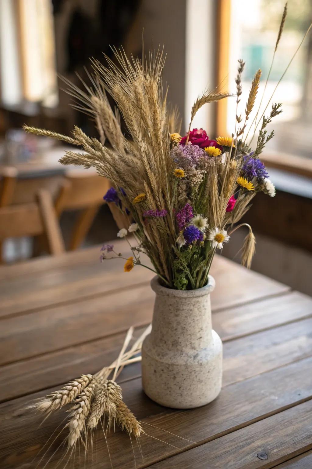 Bring rustic charm with a wheat and wildflower arrangement.