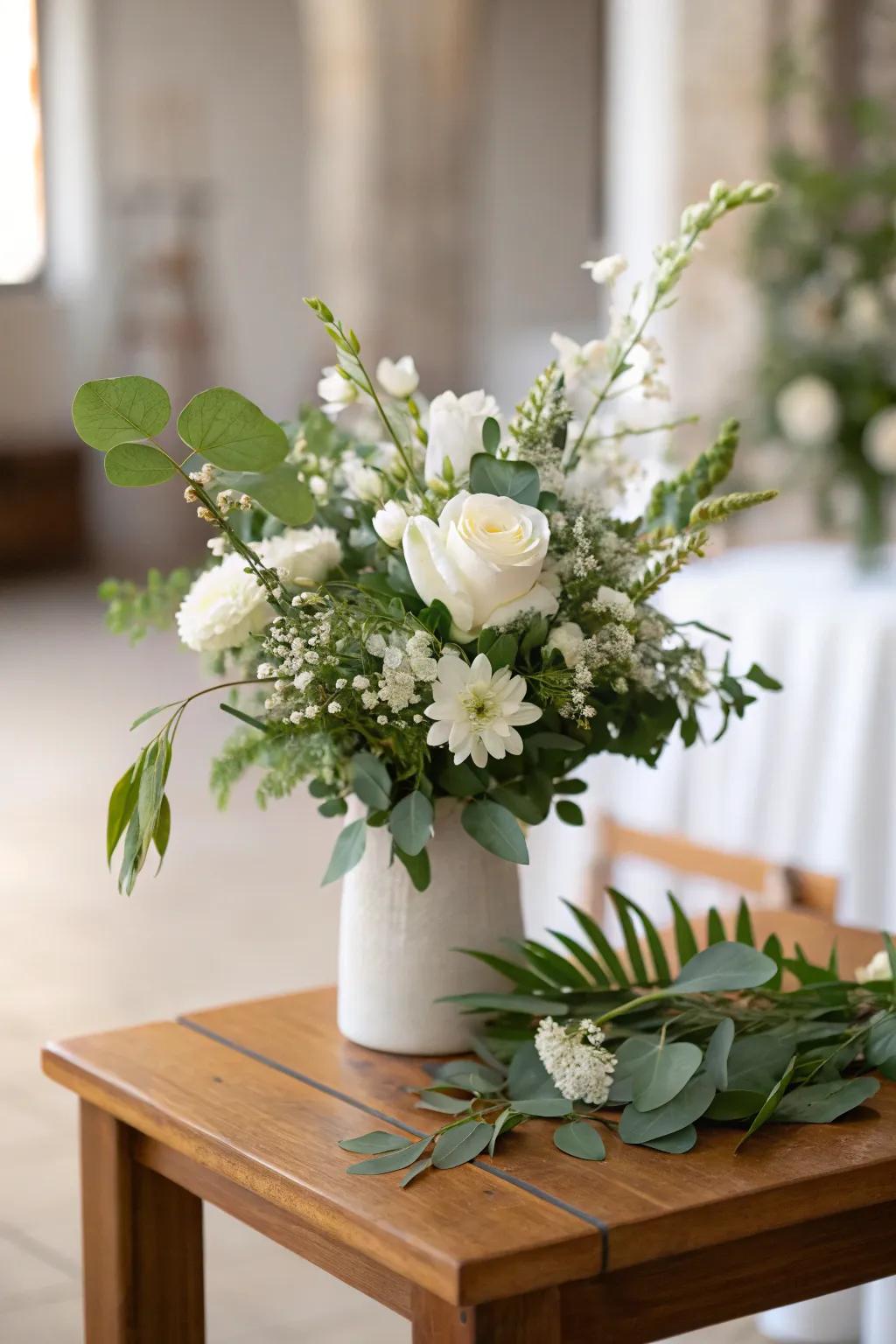 A clean and fresh centerpiece with white flowers and greenery.