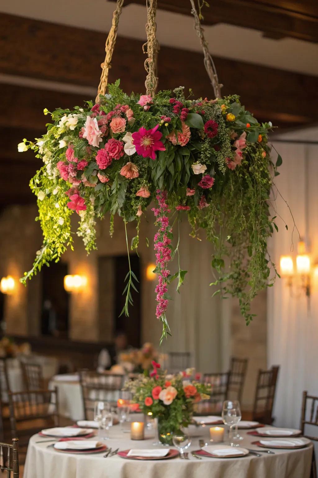 A dramatic hanging floral chandelier to impress from above.