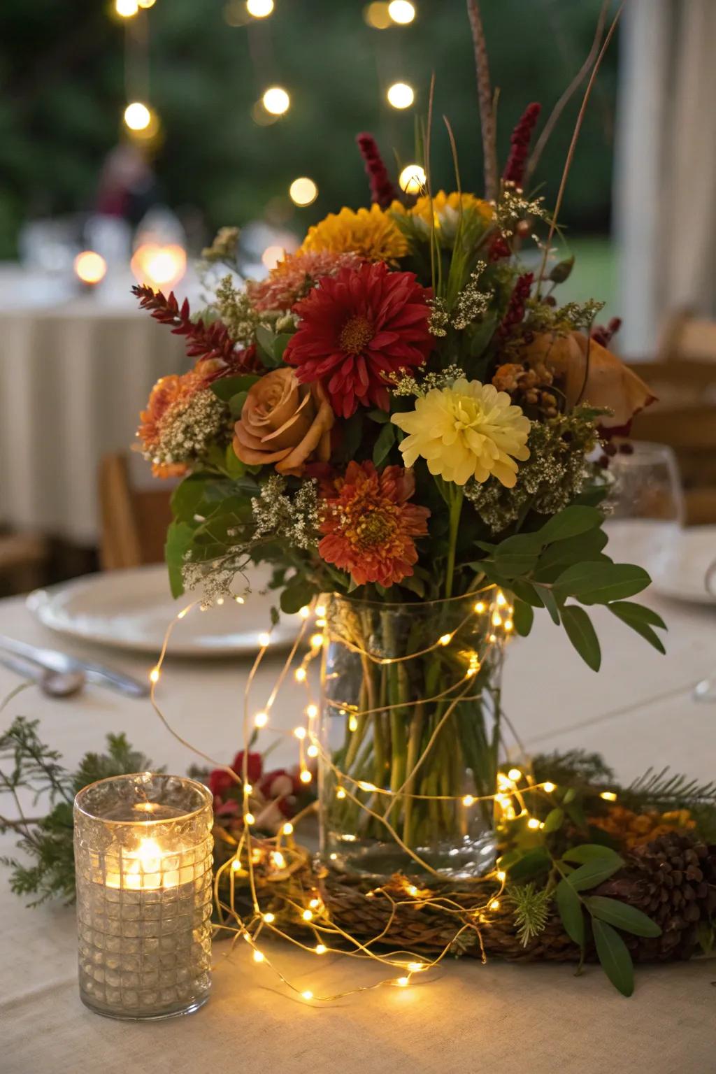 Twinkle lights add a magical touch to your Thanksgiving floral arrangement.