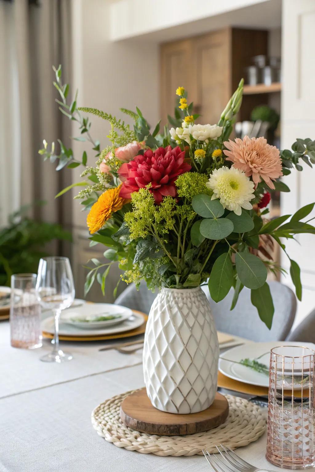 Combine faux flowers with fresh greenery for a lasting arrangement.
