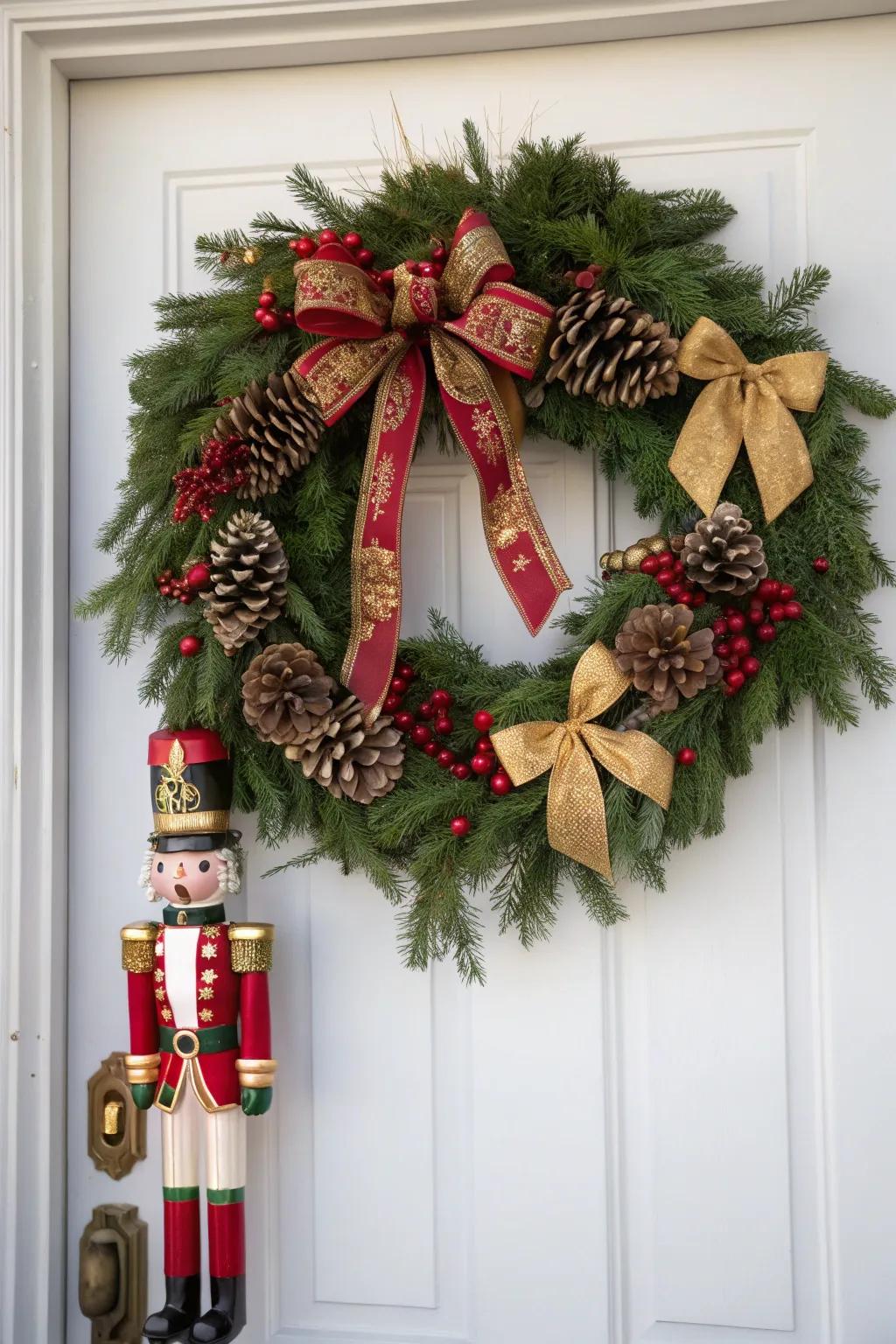 A classic nutcracker wreath with red and gold accents.