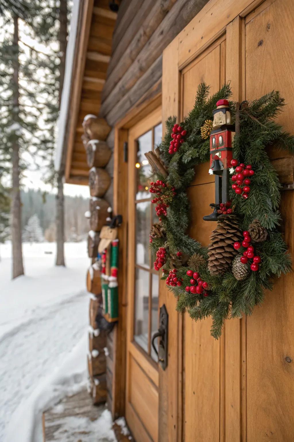 A whimsical woodland wreath with nutcracker figures.