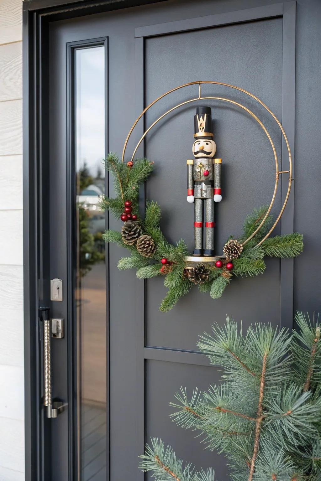 A minimalist nutcracker wreath with subtle elegance.