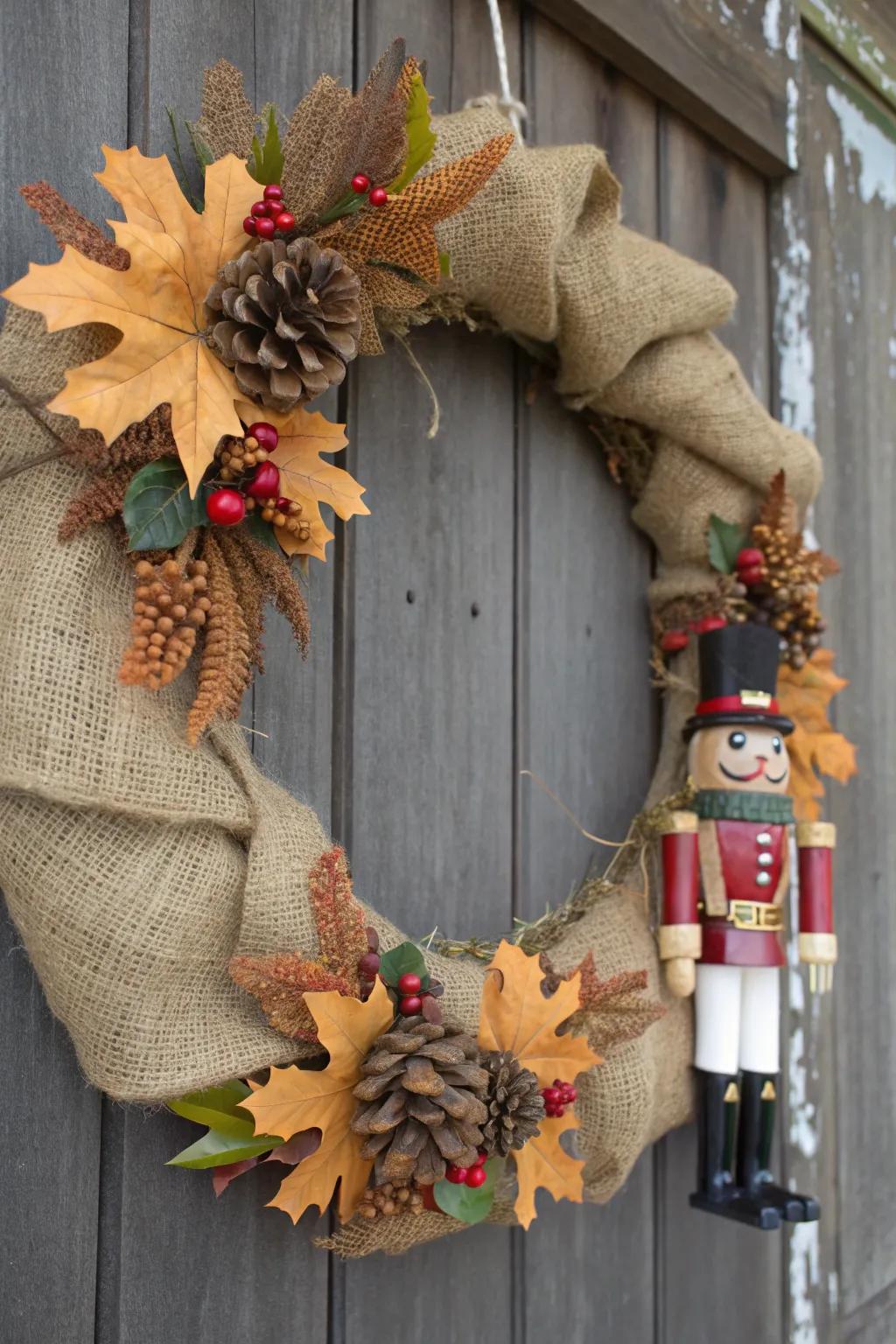 A rustic nutcracker wreath with farmhouse charm.