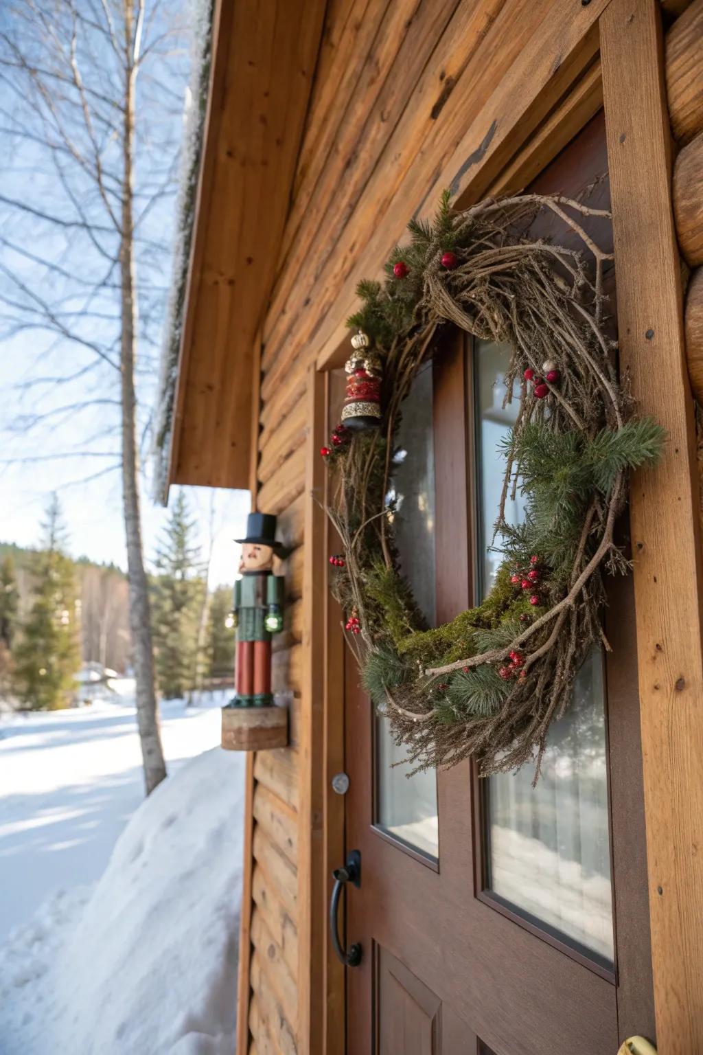 A nature-inspired wreath with nutcracker fusion.