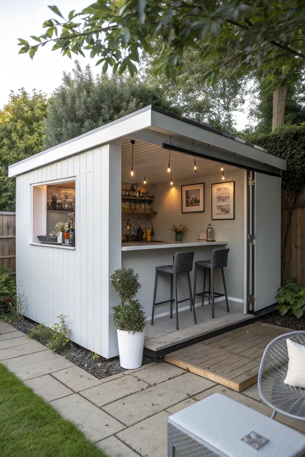 A modern minimalist man cave shed bar featuring clean lines and a chic ambiance.