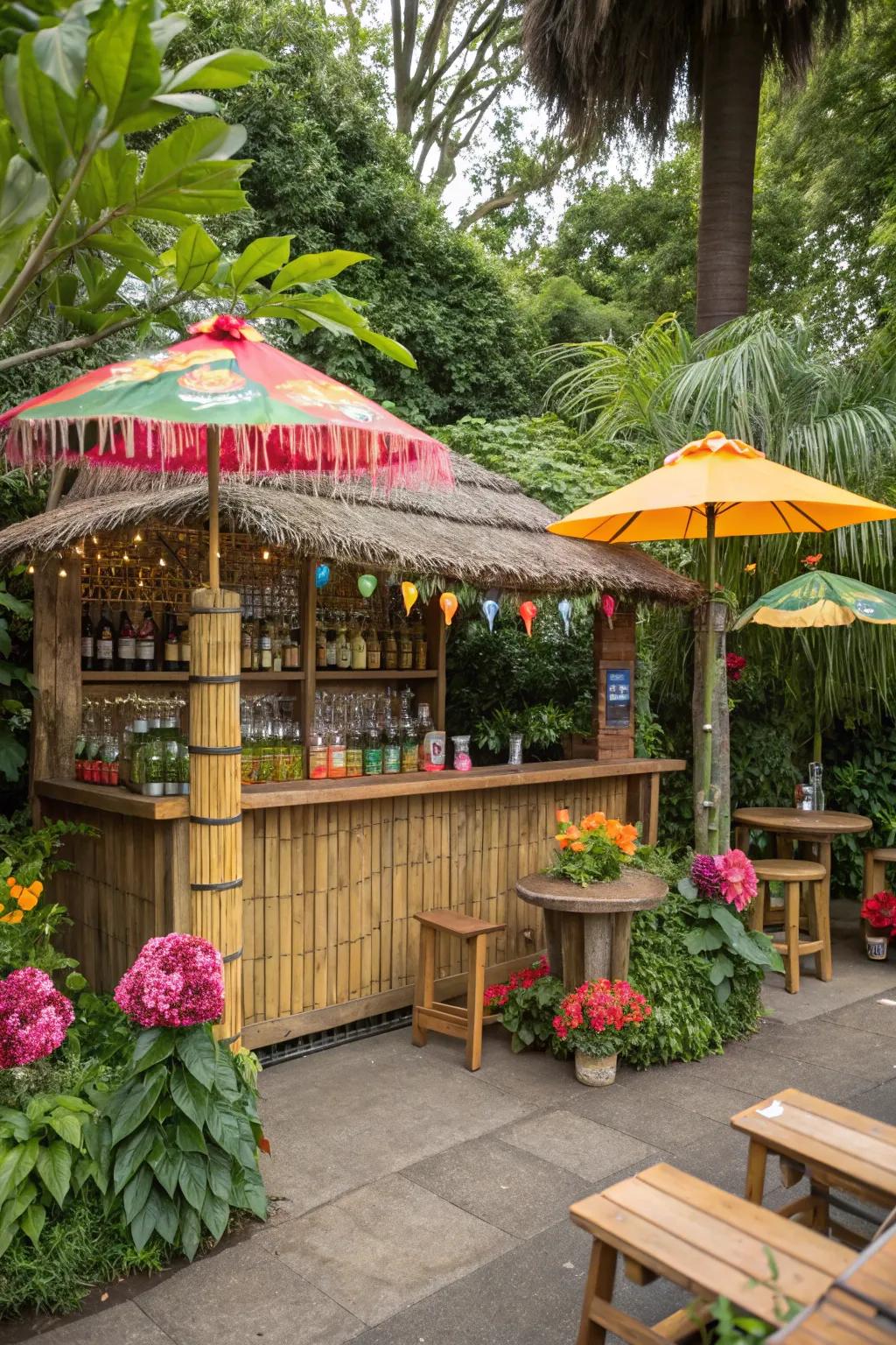 Escape to a tropical paradise with this vibrant tiki-themed man cave shed bar.
