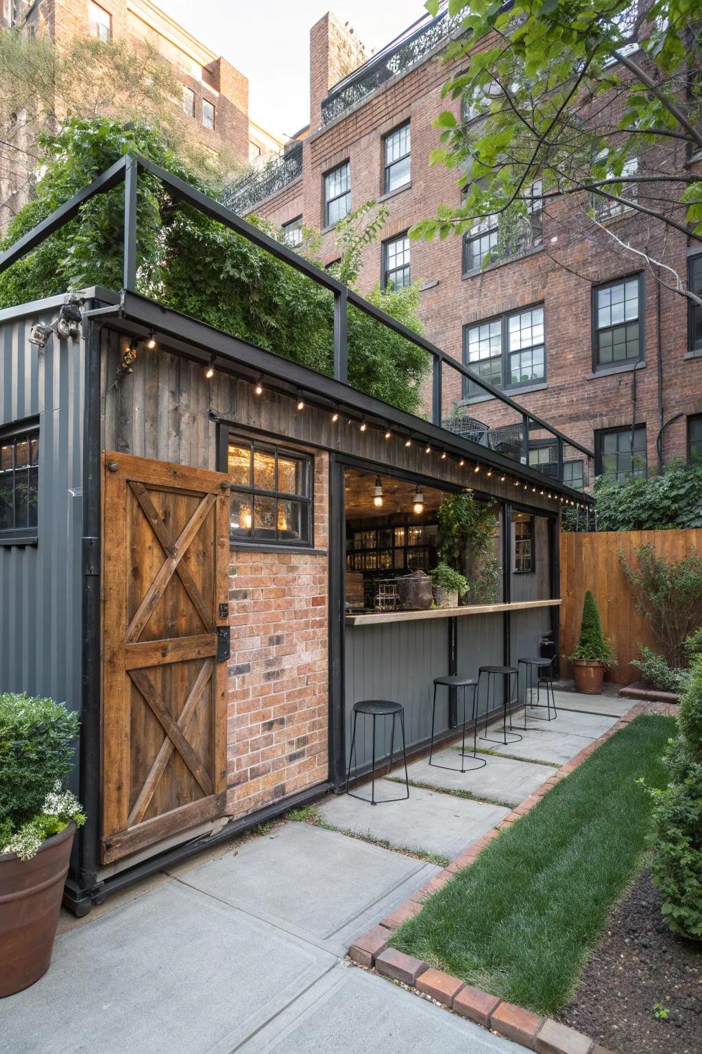 Achieve an urban edge with this industrial chic man cave shed bar.
