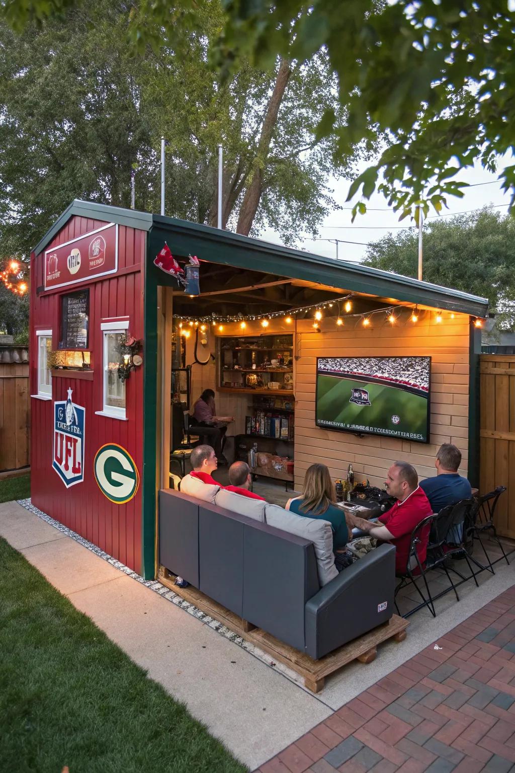 Cheer on your team in style with this sports sanctuary man cave shed bar.