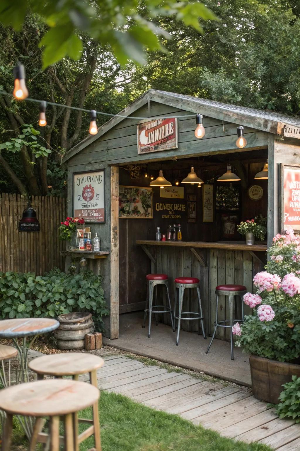 Step back in time with this vintage-inspired man cave shed bar.