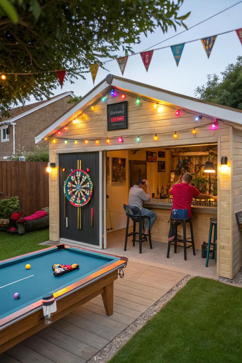 Unleash your competitive side with this game room-themed man cave shed bar.