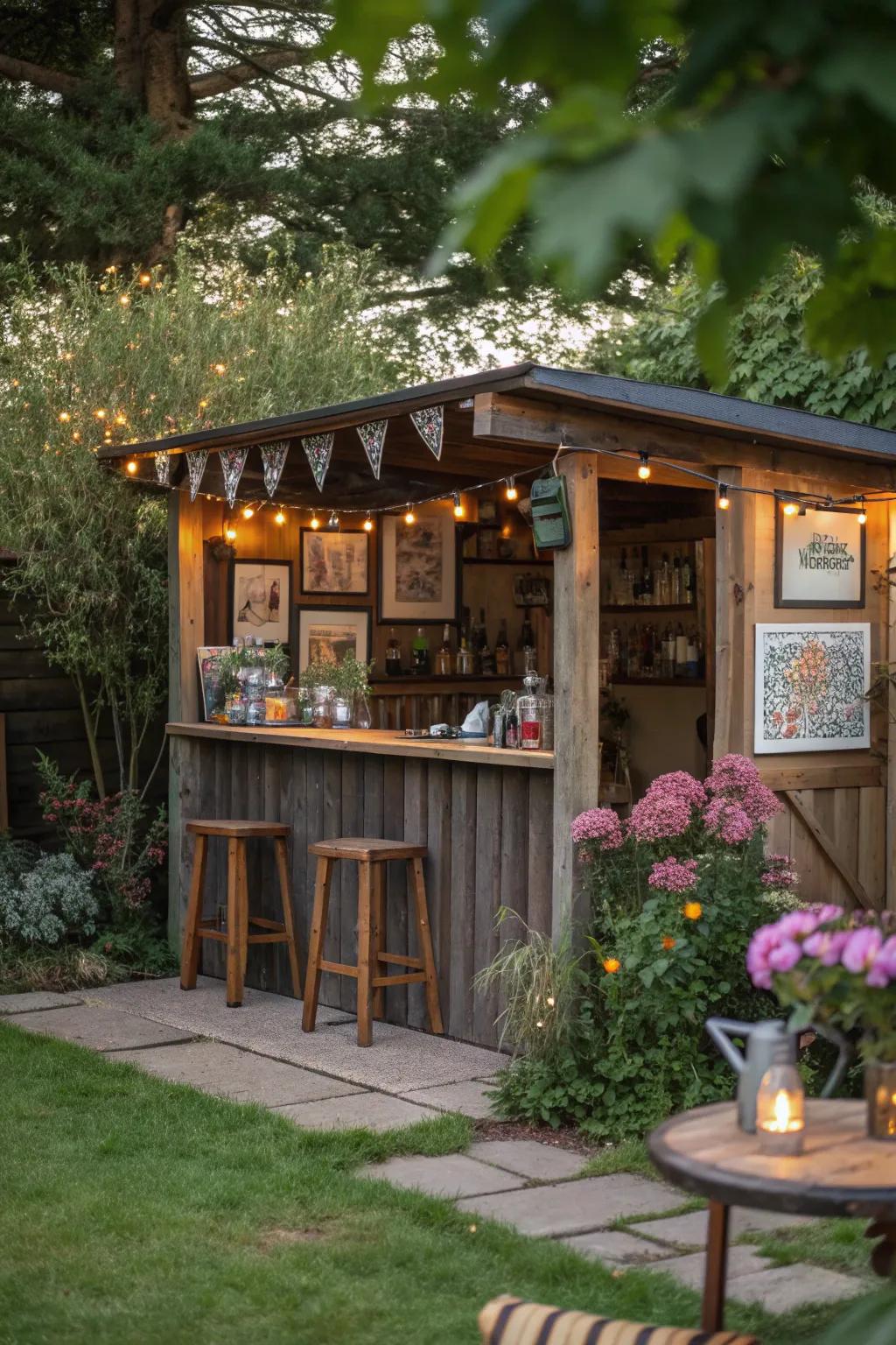 Celebrate creativity with this artisan-themed man cave shed bar.