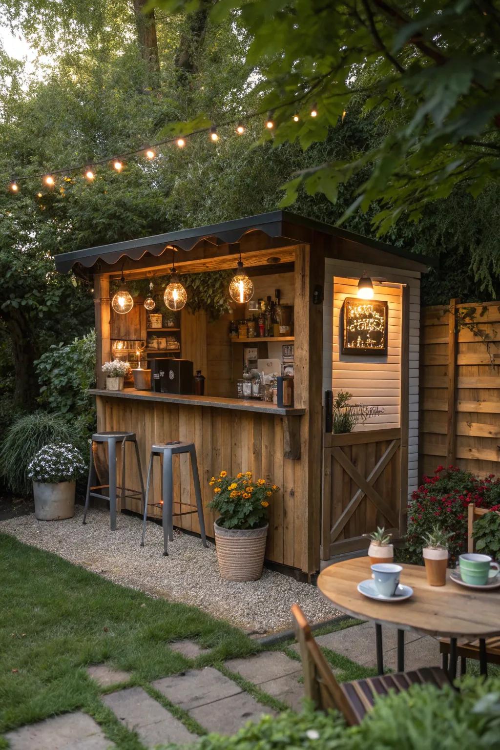 Savor your mornings in this café-style man cave shed bar.