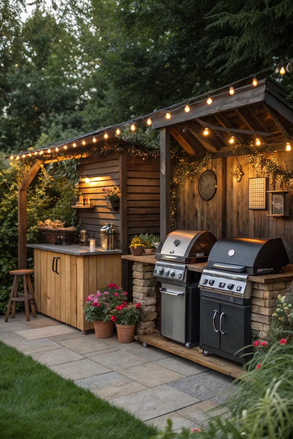 Fire up the grill in this BBQ haven man cave shed bar.